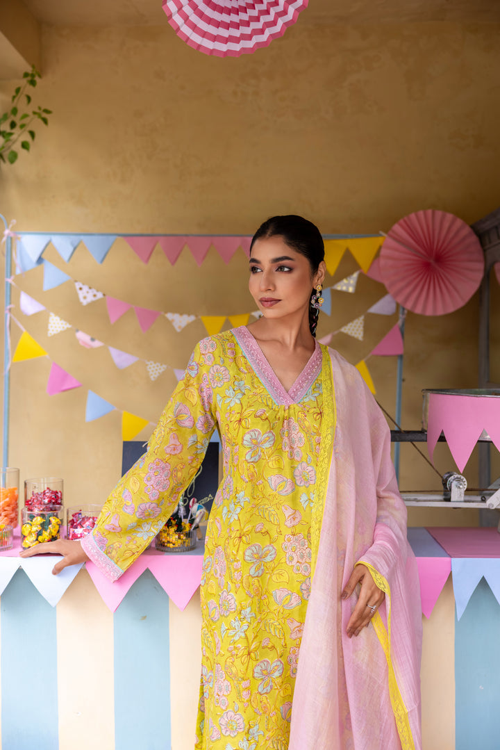 Cotton Candy Lime Green Chanderi Mulmul Straight Kurta set of 3
