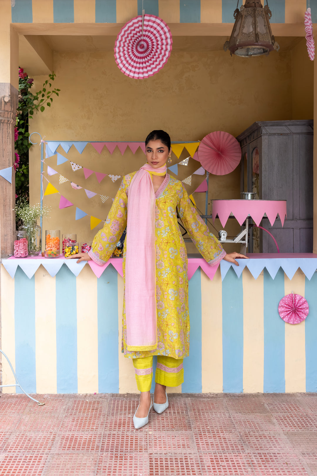 Cotton Candy Lime Green Chanderi Mulmul Straight Kurta set of 3