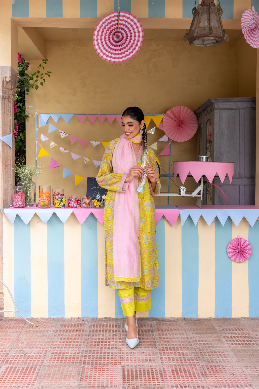 Cotton Candy Lime Green Chanderi Mulmul Straight Kurta set of 3