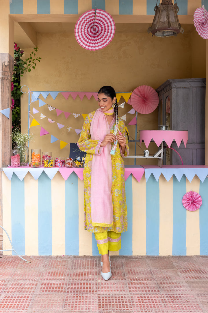 Cotton Candy Lime Green Chanderi Mulmul Straight Kurta set of 3