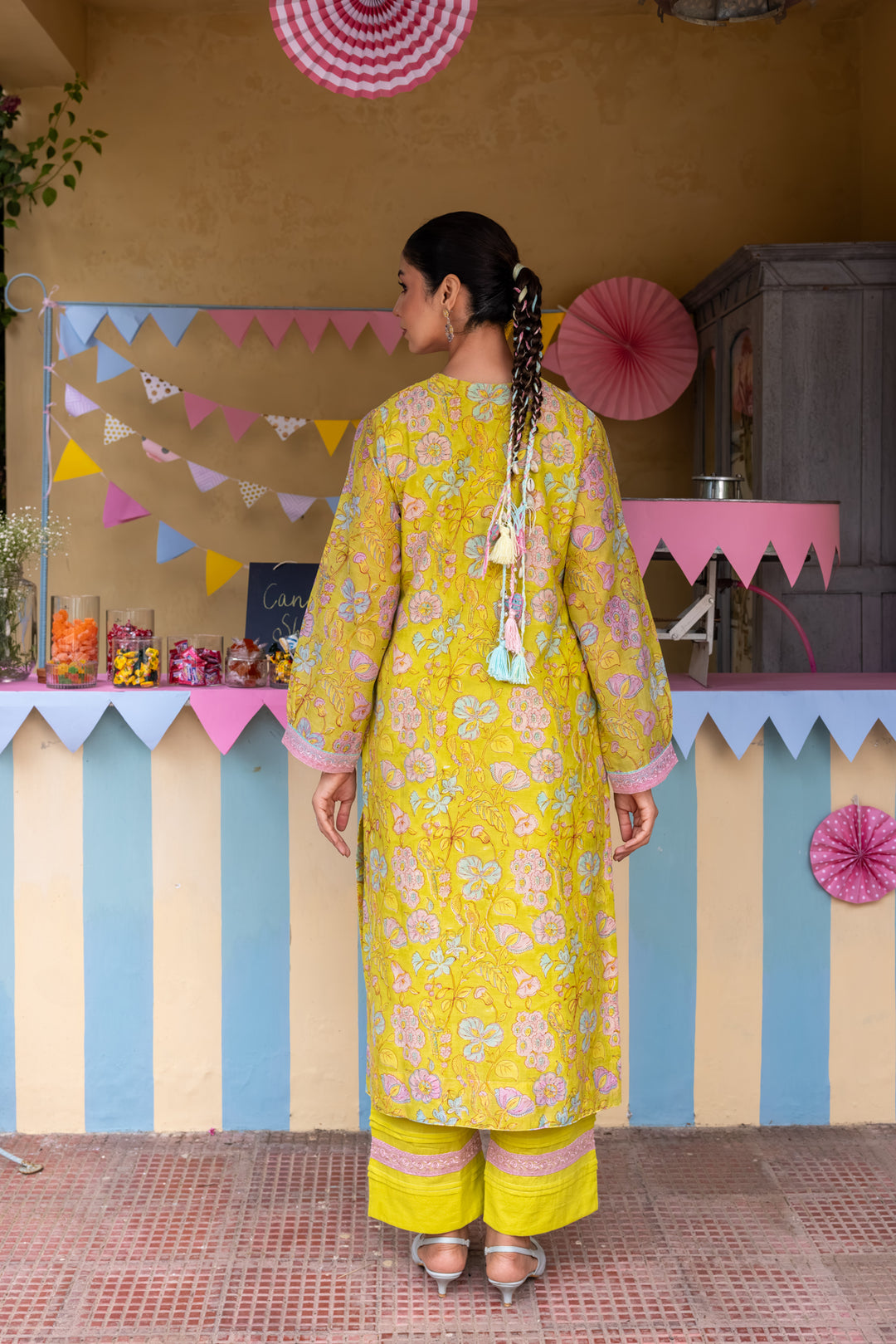 Cotton Candy Lime Green Chanderi Mulmul Straight Kurta set of 3