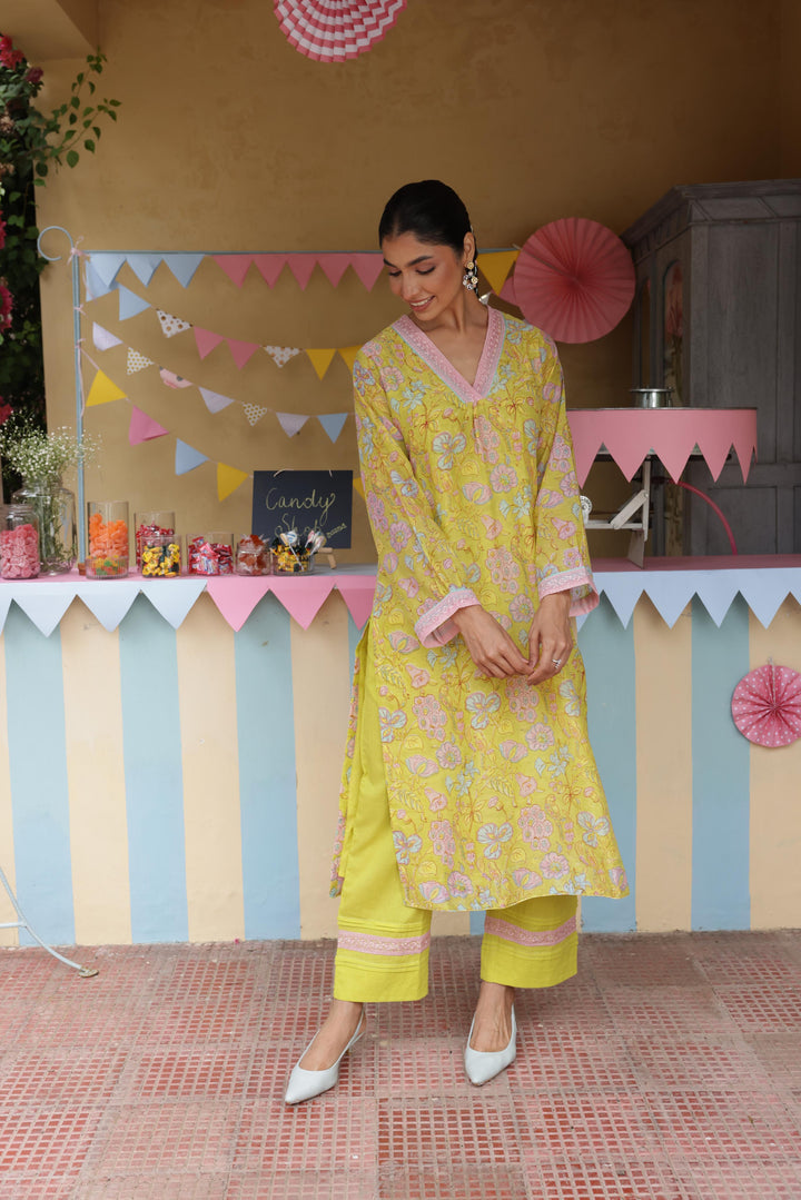 Cotton Candy Lime Green Chanderi Mulmul Straight Kurta set of 2