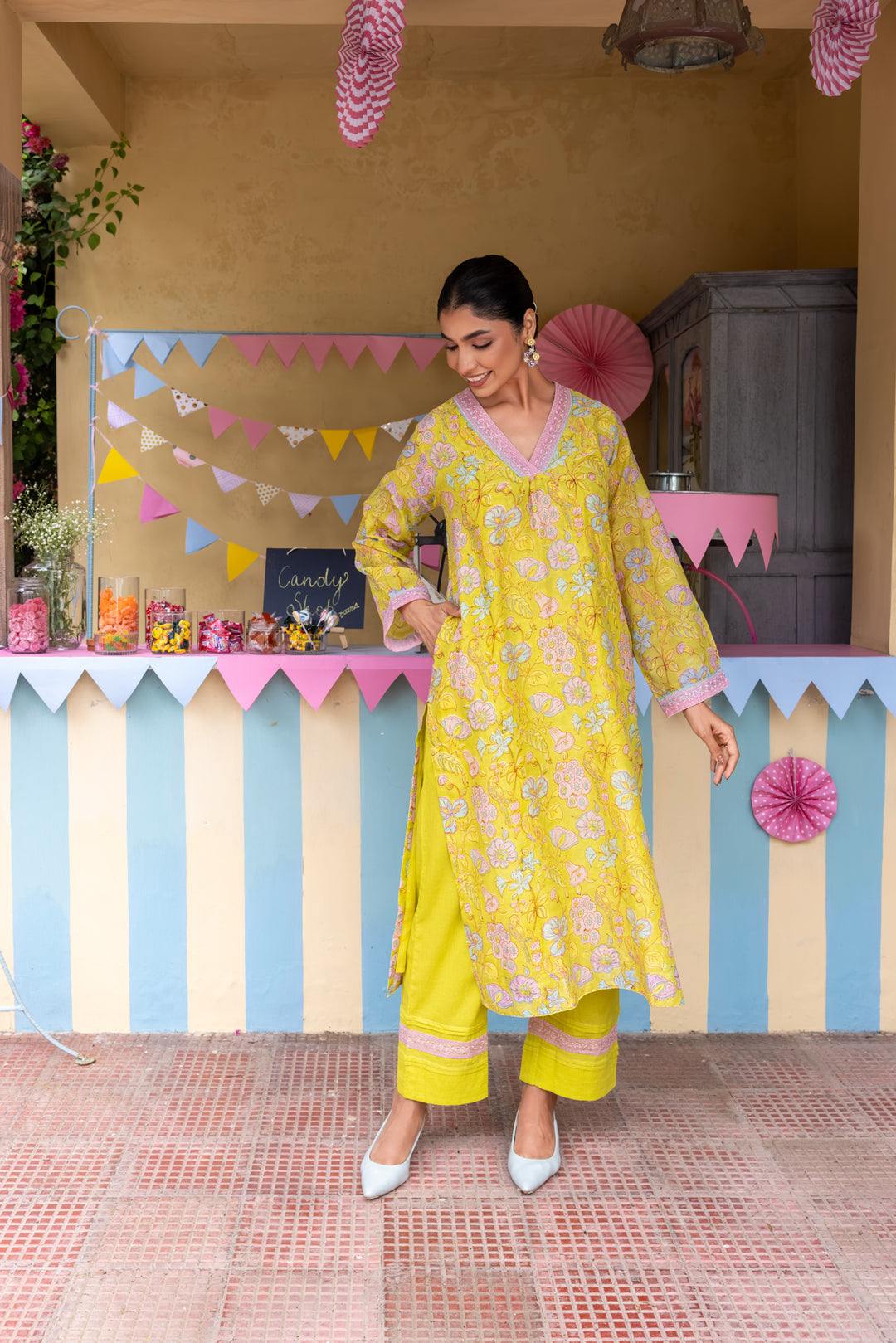 Cotton Candy Lime Green Chanderi Mulmul Straight Kurta set of 2