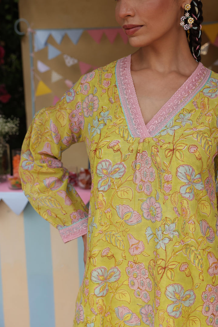Cotton Candy Lime Green Chanderi Mulmul Straight Kurta set of 2
