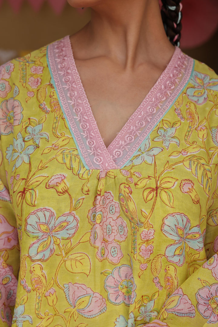 Cotton Candy Lime Green Chanderi Mulmul Straight Kurta set of 2