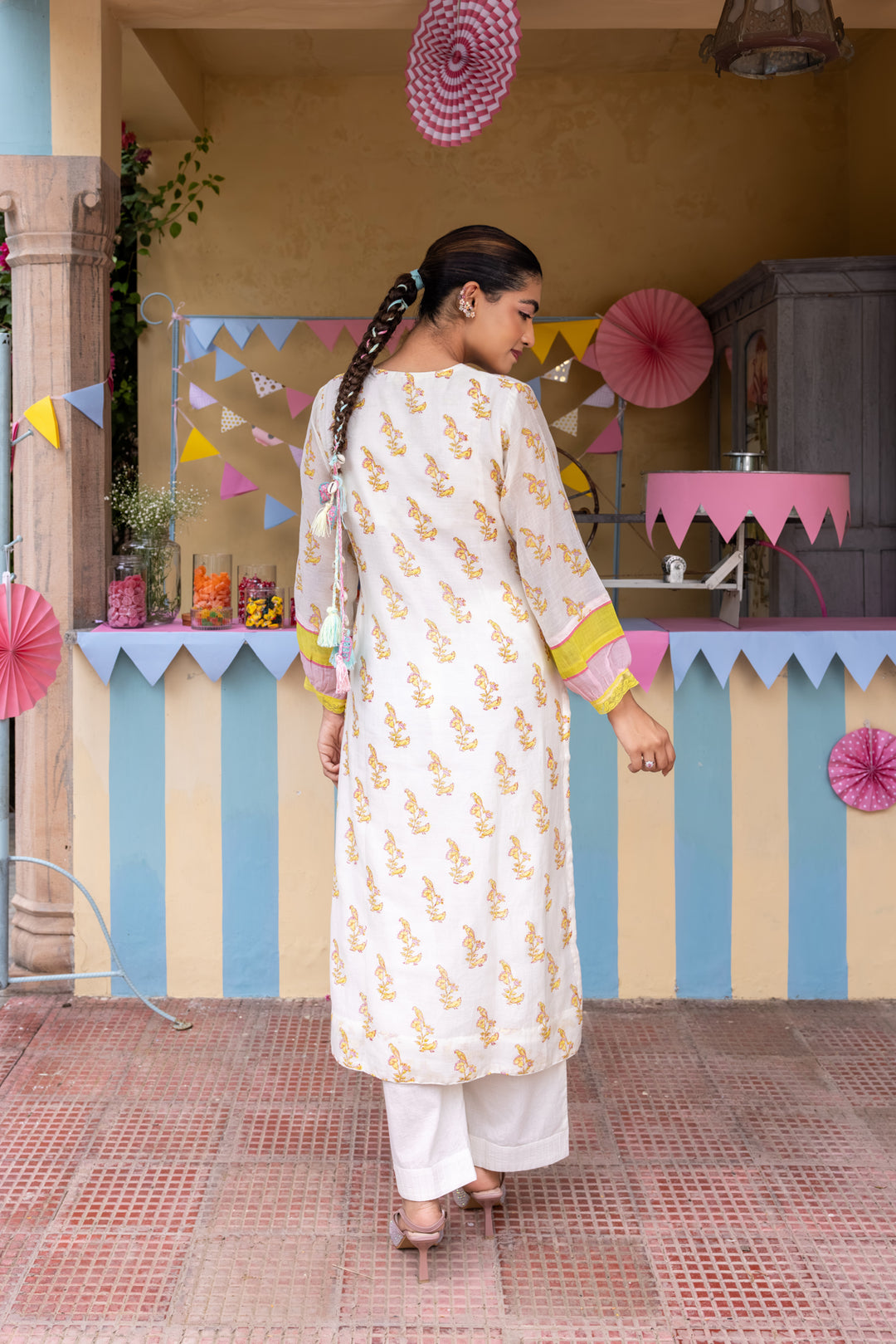 Cotton candy White Green Chanderi Mulmul Kurta set of 3
