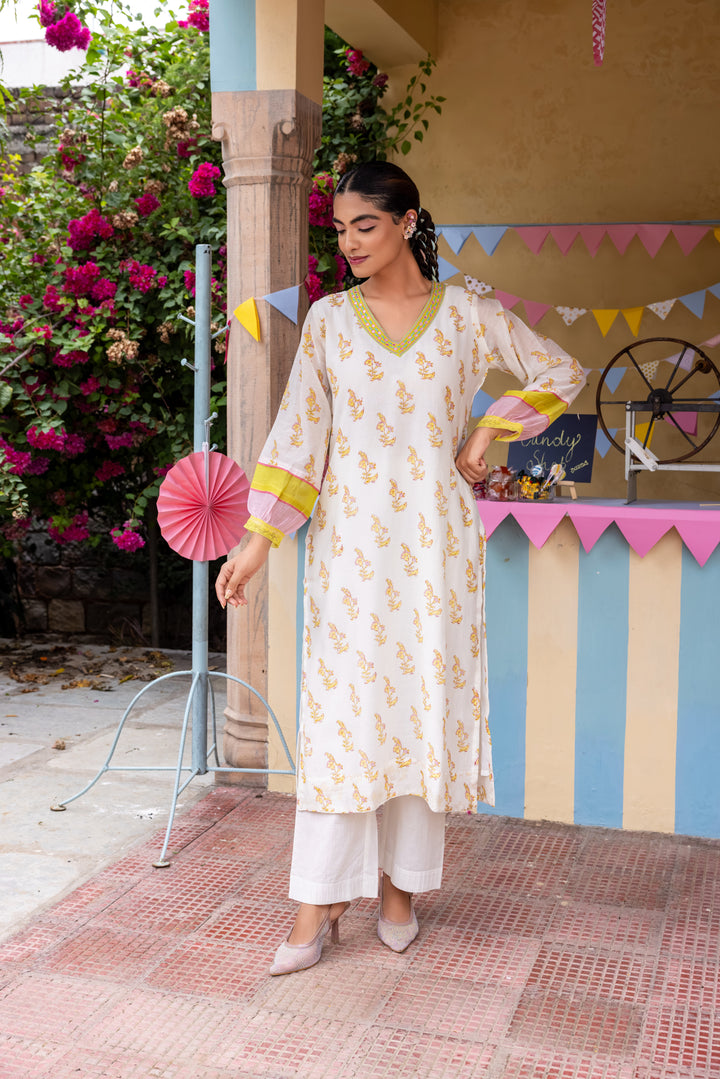 Cotton Candy White Green Chanderi Mulmul Kurta set of 2
