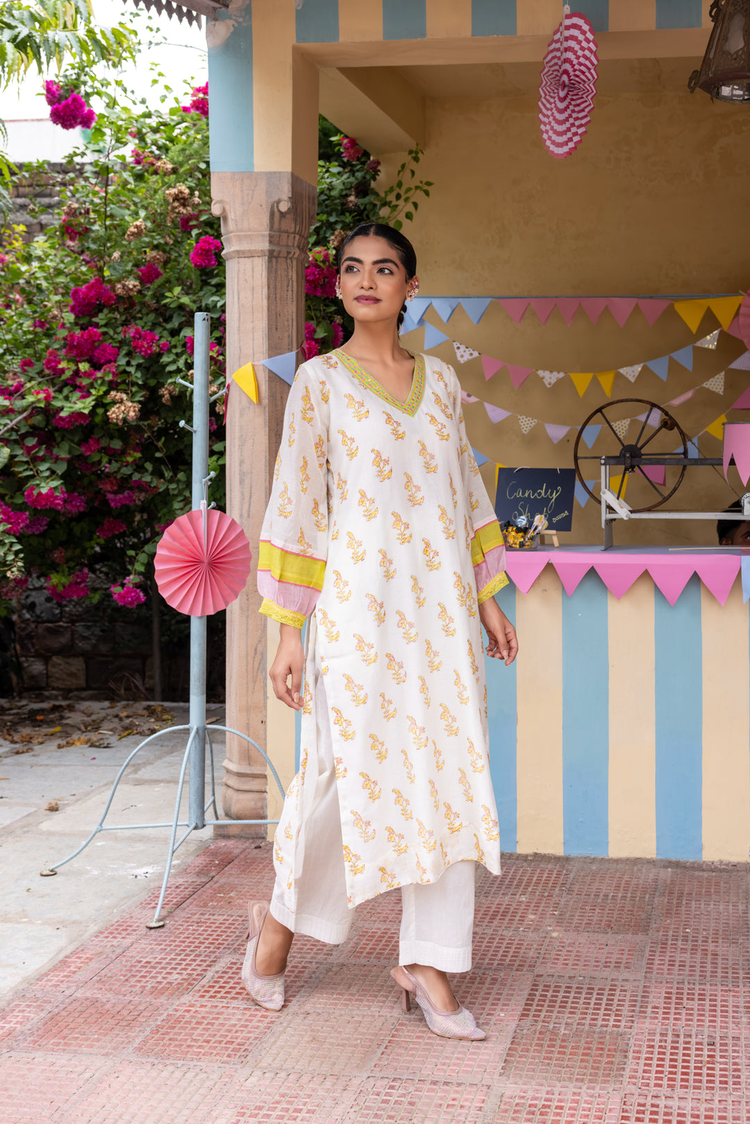 Cotton Candy White Green Chanderi Mulmul Kurta set of 2