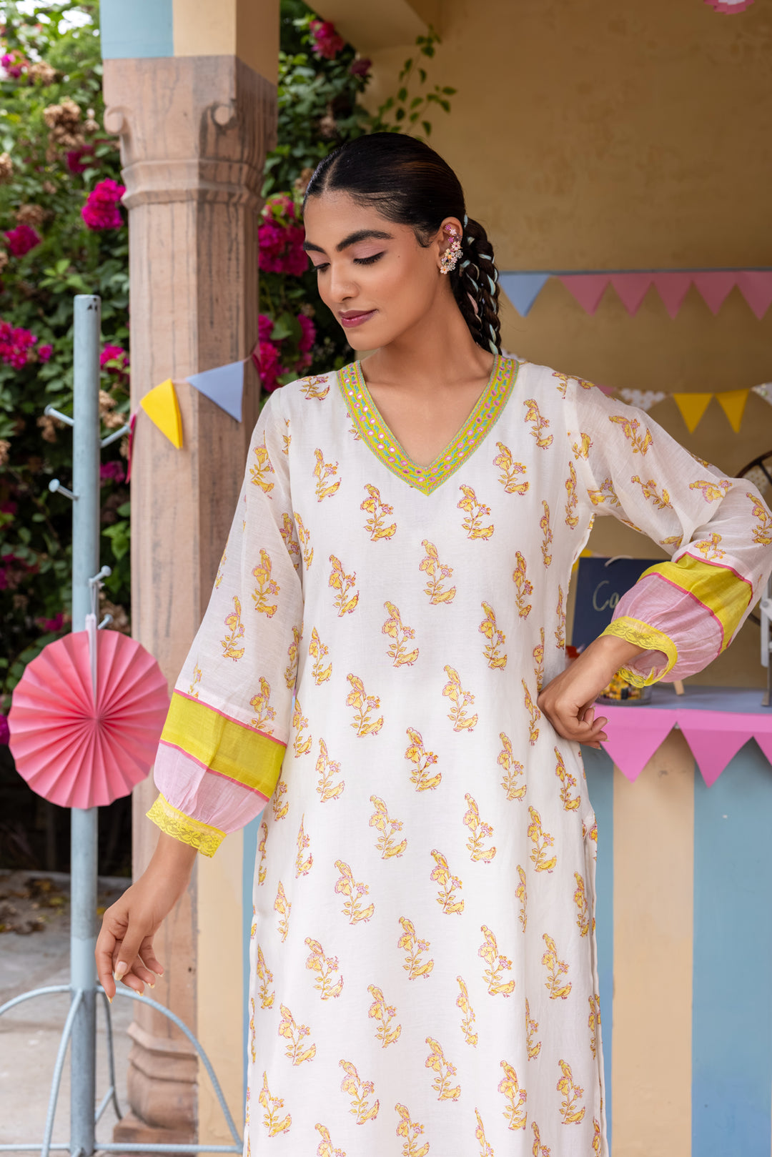 Cotton Candy White Green Chanderi Mulmul Kurta set of 2