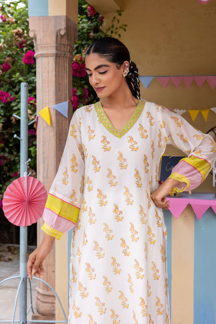 Cotton Candy White Green Chanderi Mulmul Kurta set of 2