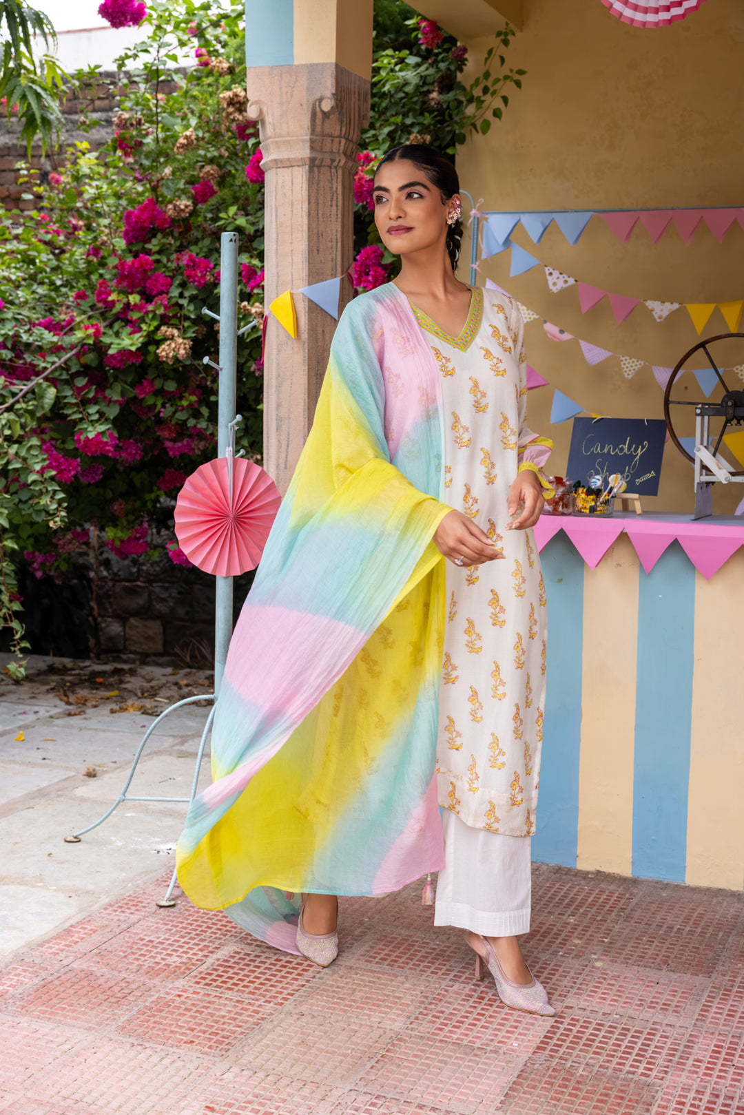 Cotton candy White Green Chanderi Mulmul Kurta set of 3
