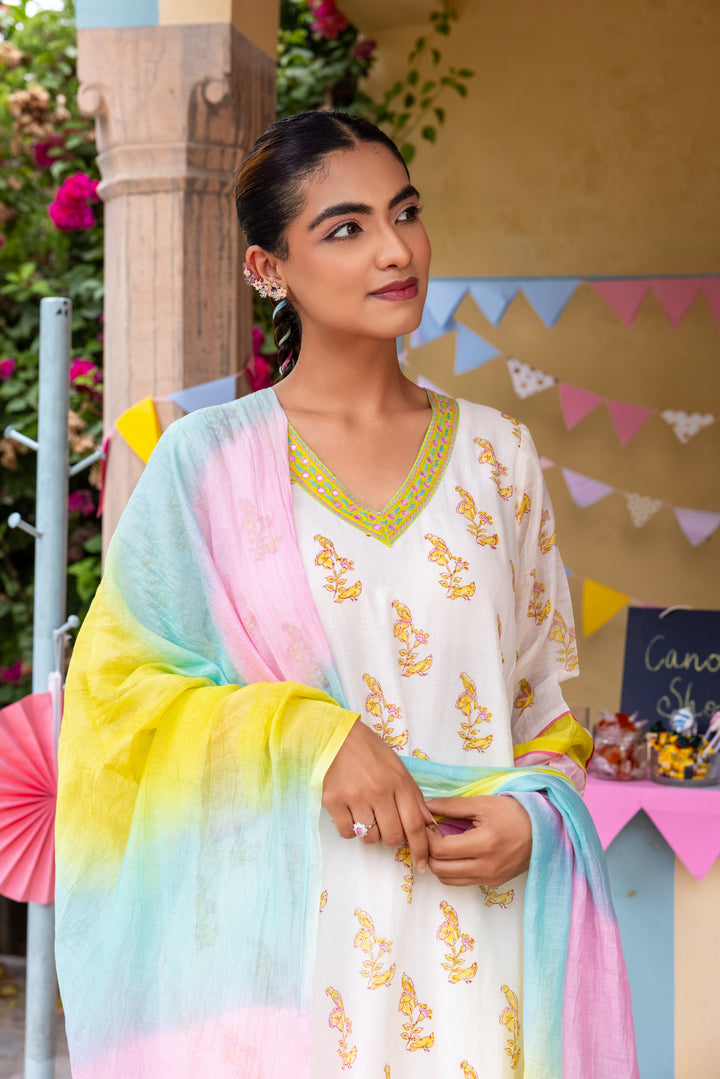 Cotton candy White Green Chanderi Mulmul Kurta set of 3