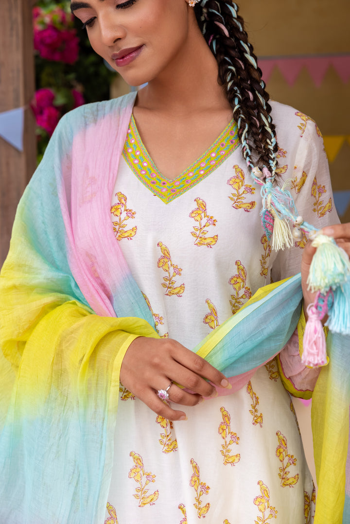 Cotton candy White Green Chanderi Mulmul Kurta set of 3