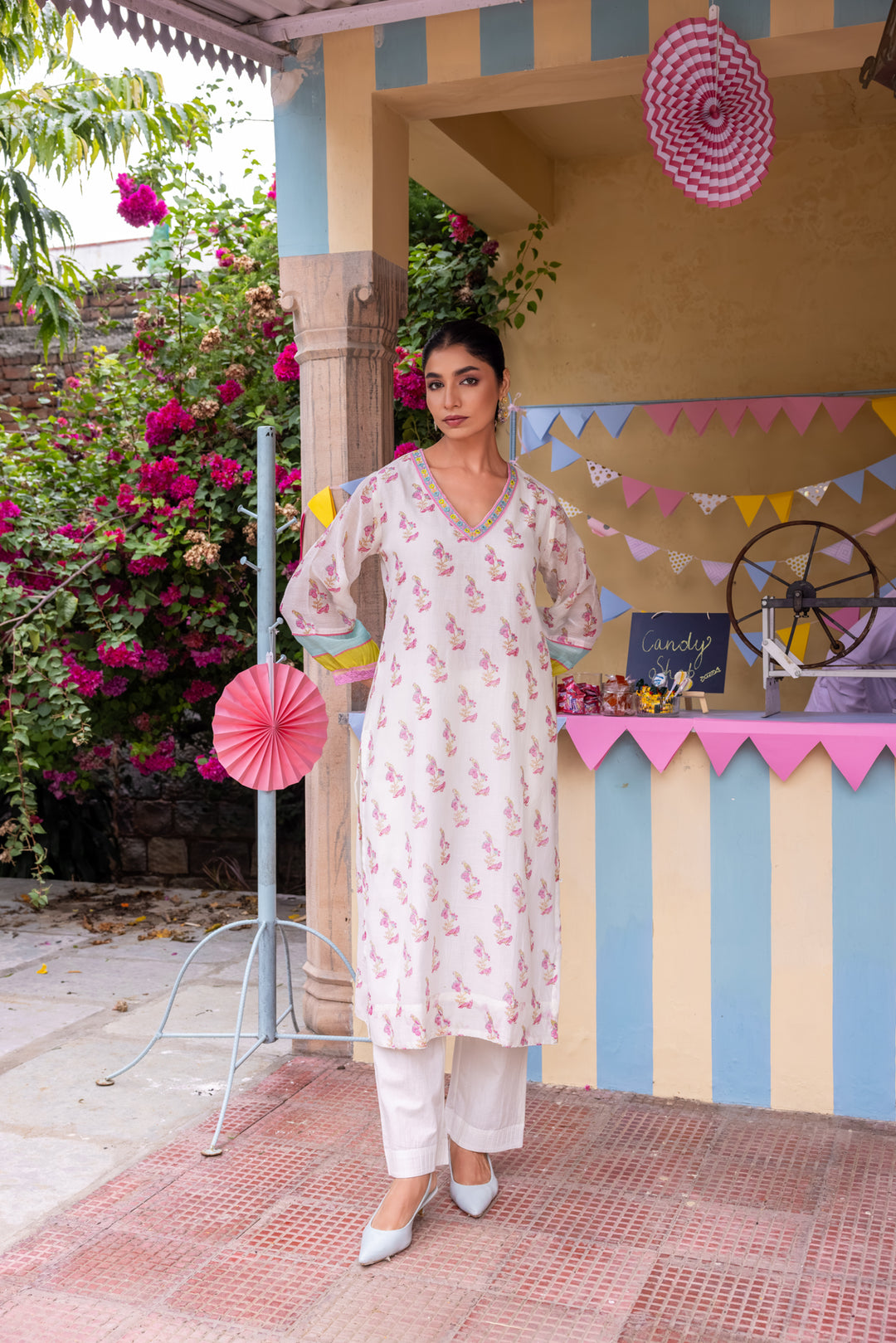 Cotton Candy White Pink Chanderi Mulmul Kurta set of 3