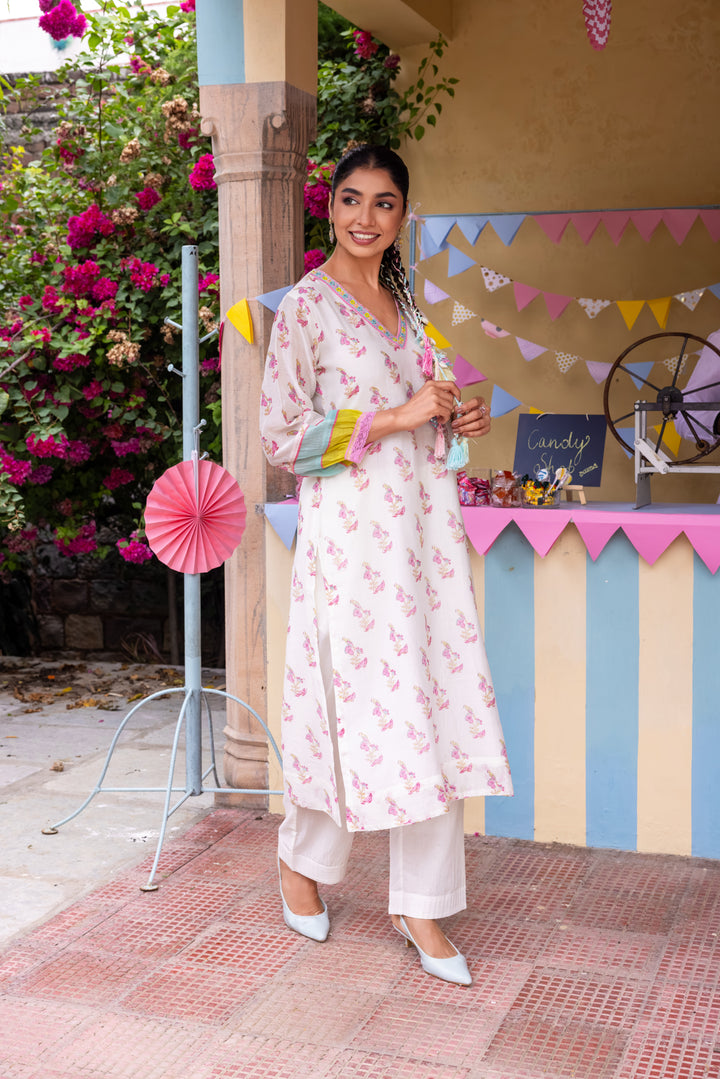 Cotton Candy White Pink Chanderi Mulmul Kurta set of 2