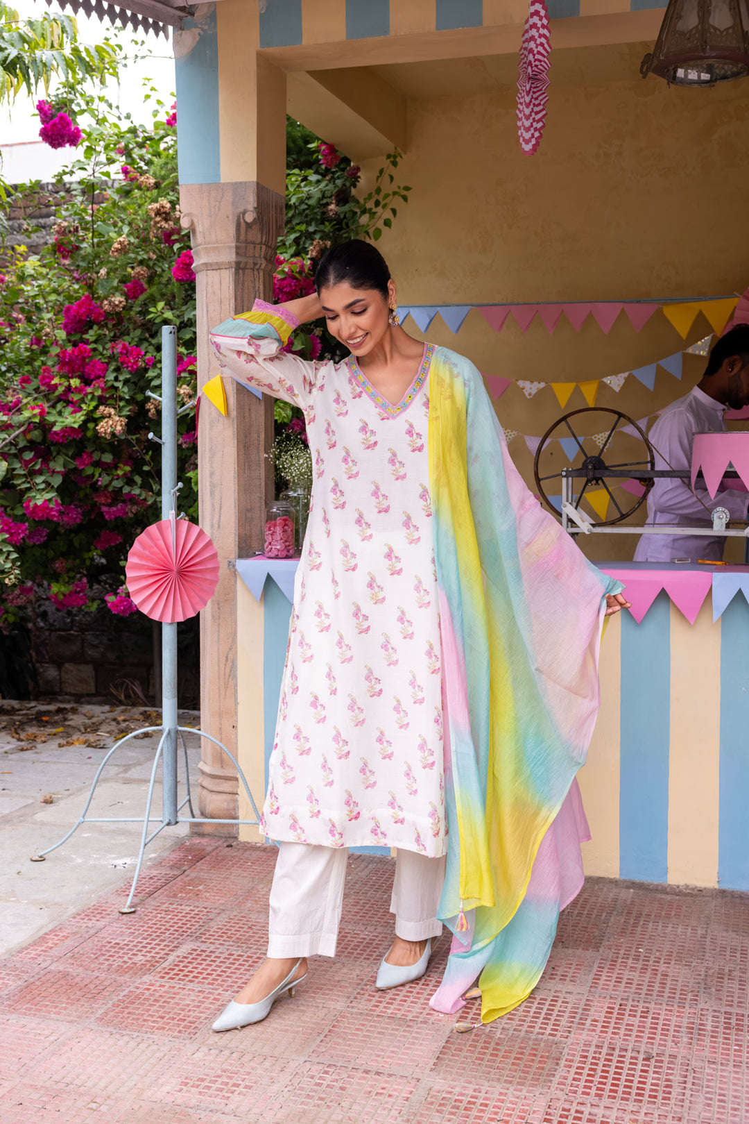 Cotton Candy White Pink Chanderi Mulmul Kurta set of 3