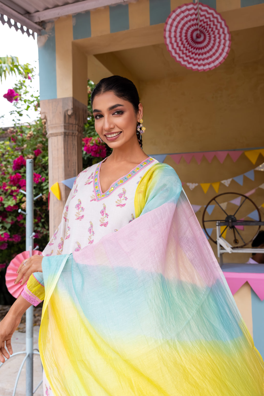 Cotton Candy White Pink Chanderi Mulmul Kurta set of 3