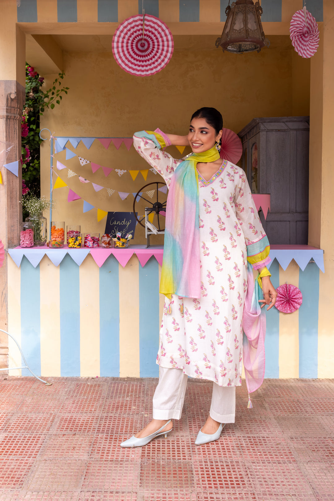 Cotton Candy White Pink Chanderi Mulmul Kurta set of 3