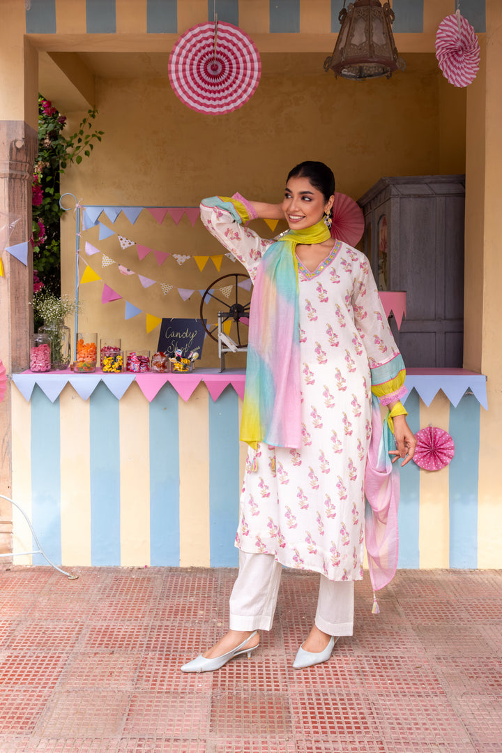 Cotton Candy White Pink Chanderi Mulmul Kurta set of 3