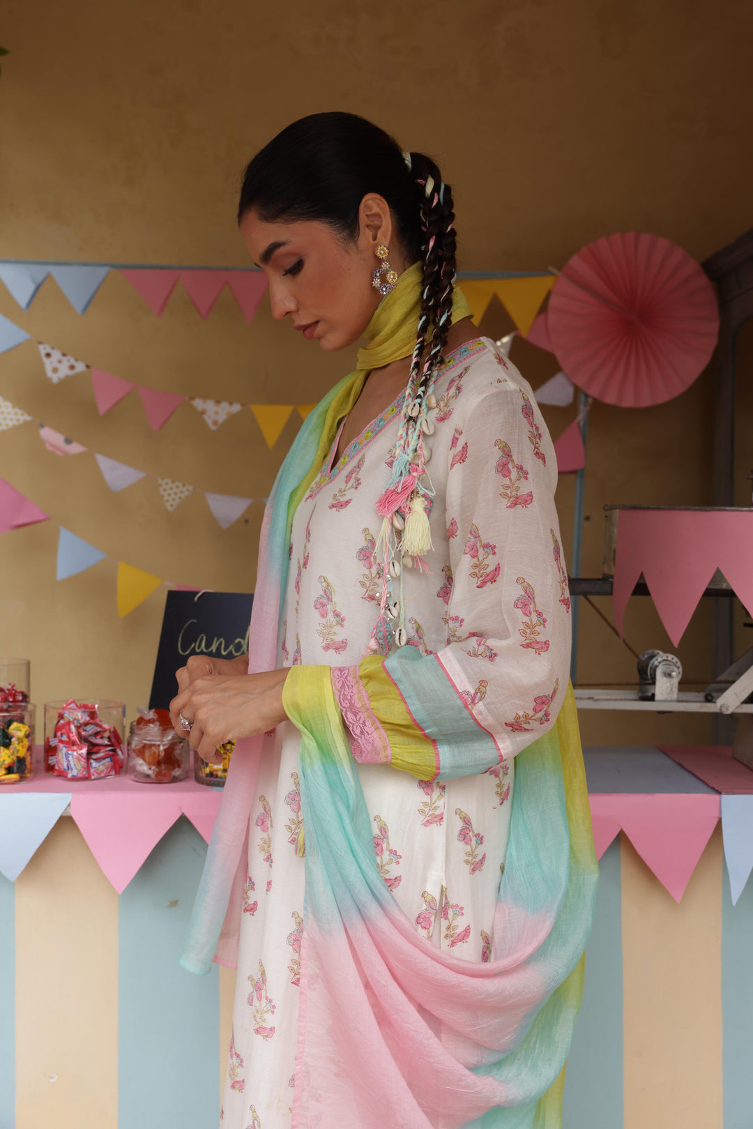Cotton Candy White Pink Chanderi Mulmul Kurta set of 3
