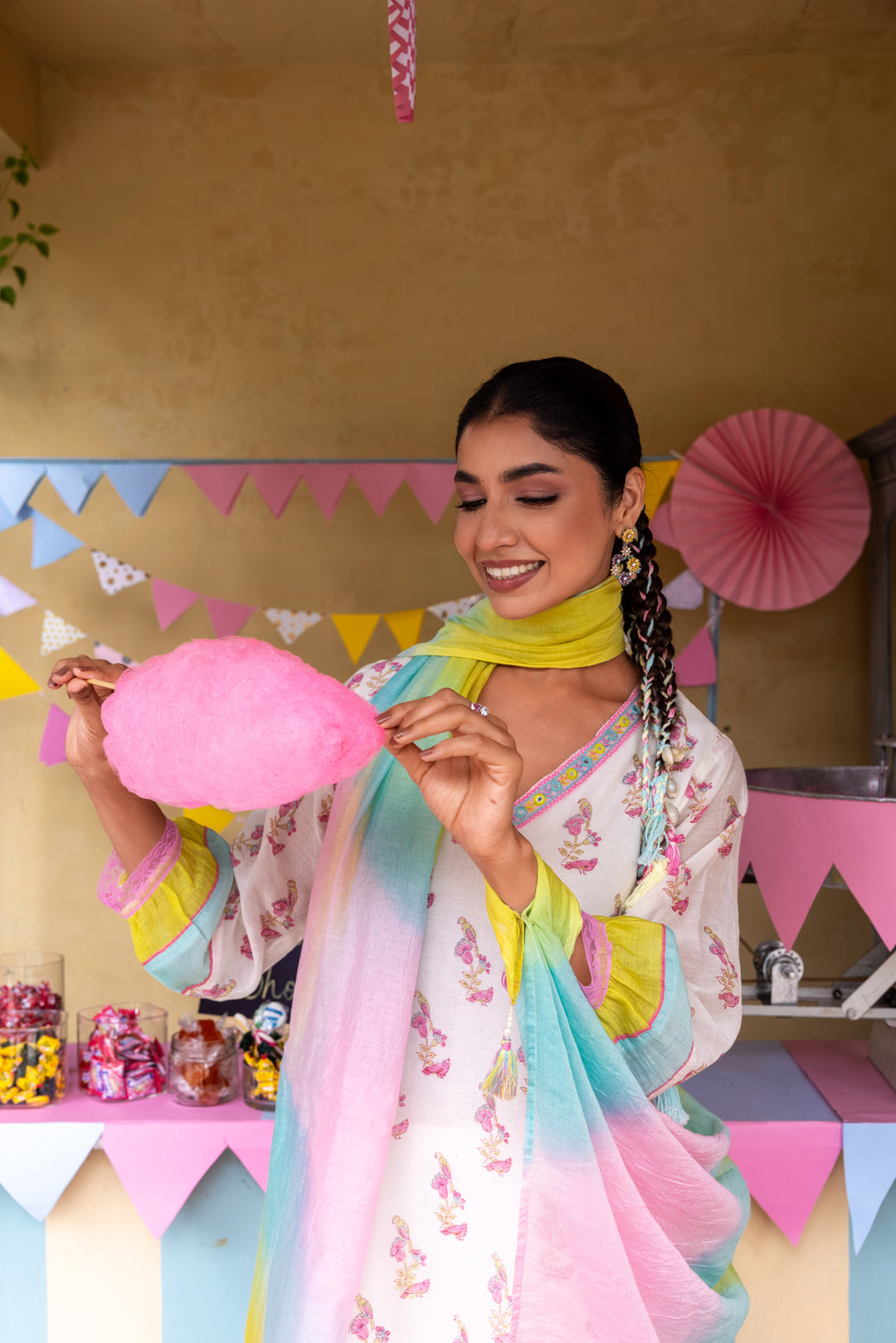 Cotton Candy White Pink Chanderi Mulmul Kurta set of 3