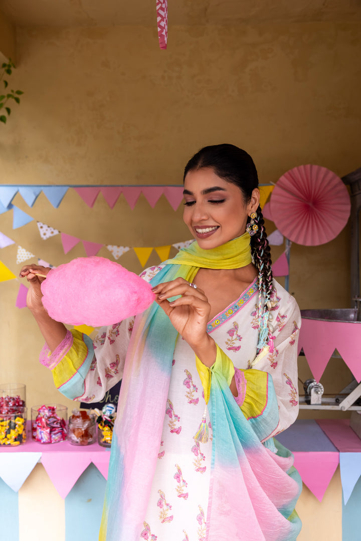 Cotton Candy White Pink Chanderi Mulmul Kurta set of 3