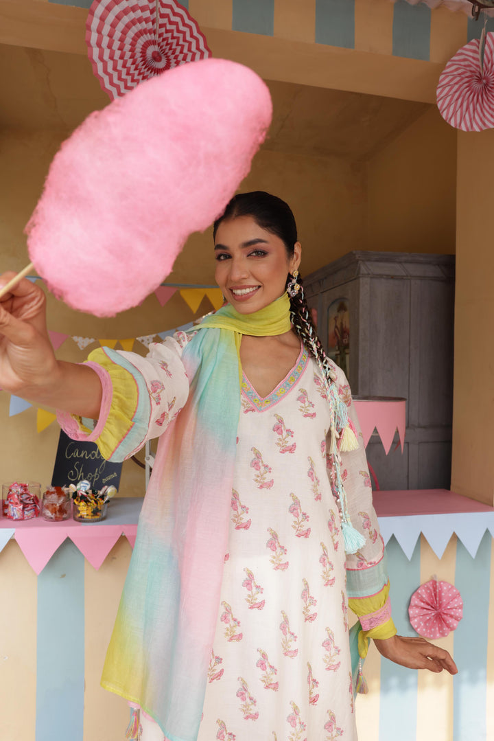 Cotton Candy White Pink Chanderi Mulmul Kurta set of 3