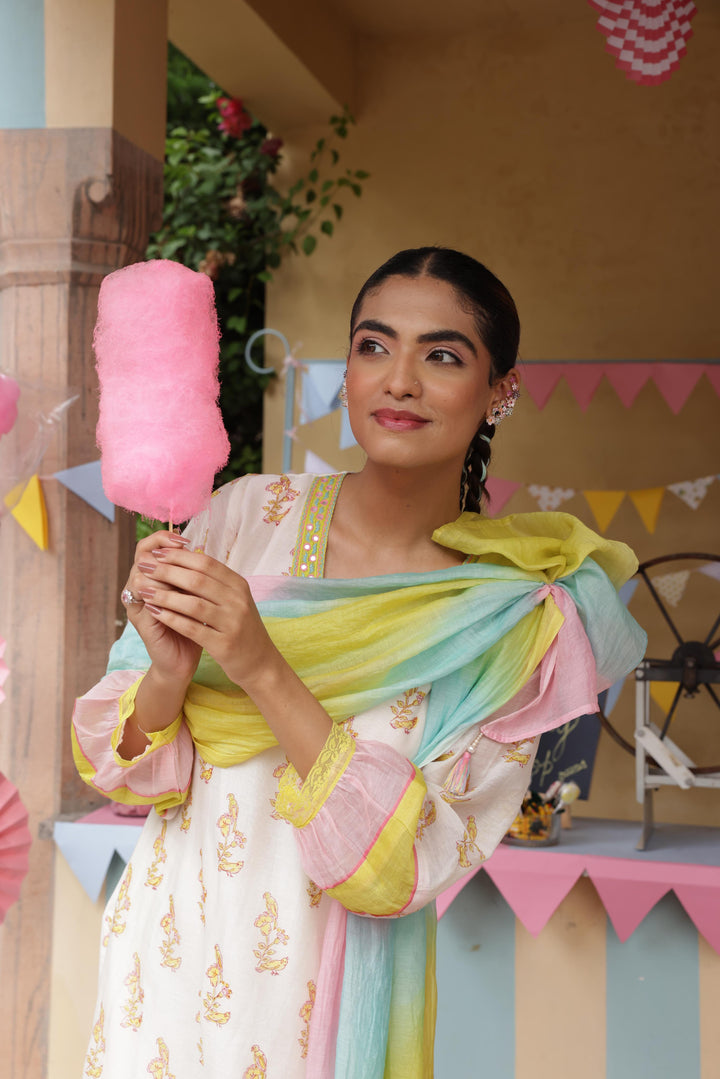 Cotton candy White Green Chanderi Mulmul Kurta set of 3