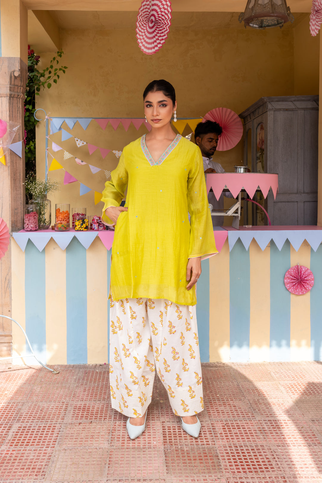Cotton Candy Lime Green Chanderi Mulmul Short Kurta with Farshi Salwar set of 3