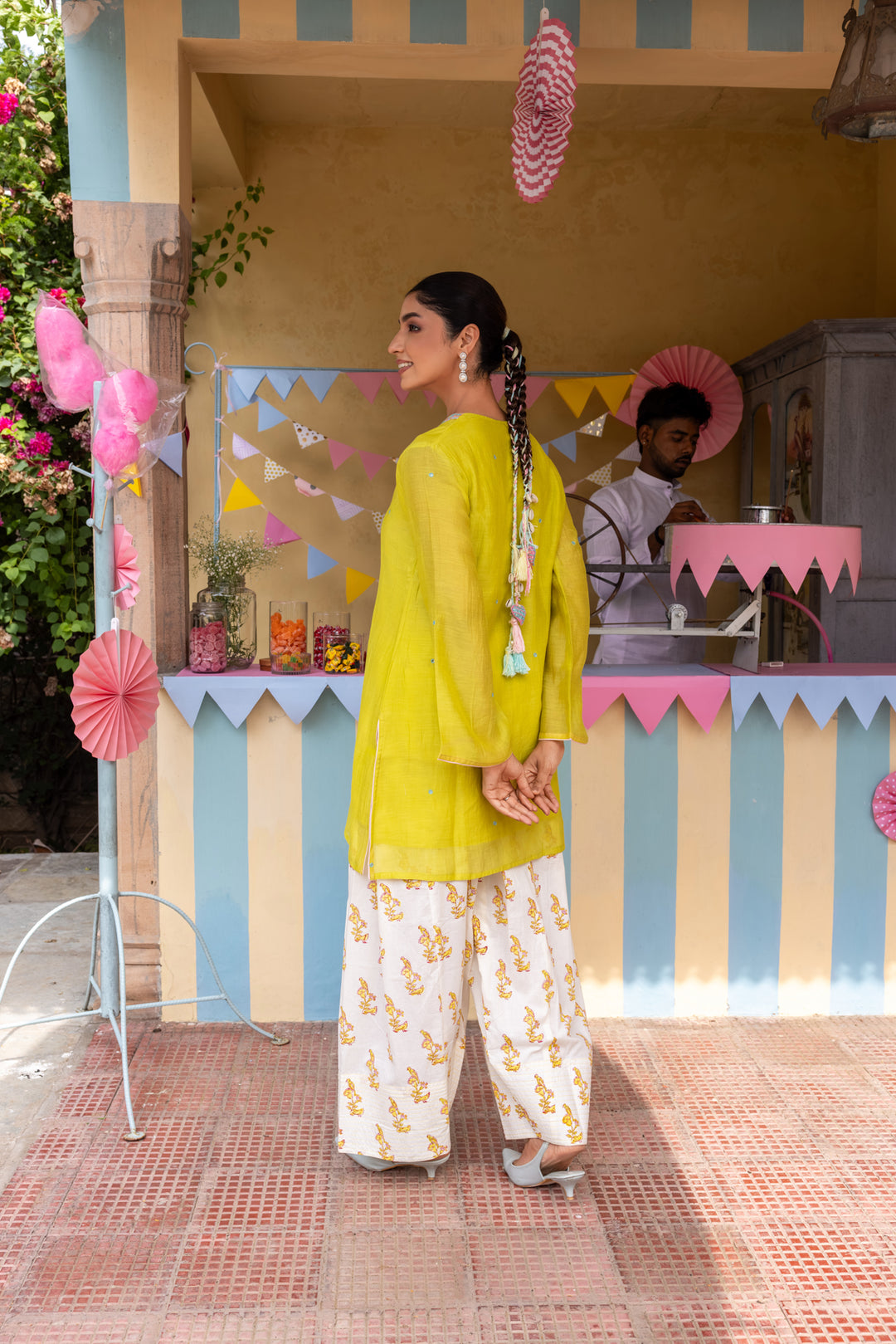 Cotton Candy Lime Green Chanderi Mulmul Short Kurta with Farshi Salwar set of 3
