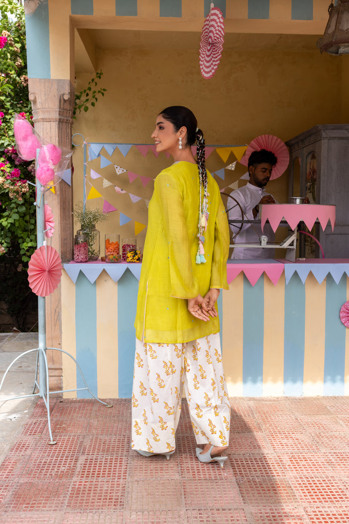 Cotton Candy Lime Green Chanderi Mulmul Short Kurta with Farshi Salwar set of 3