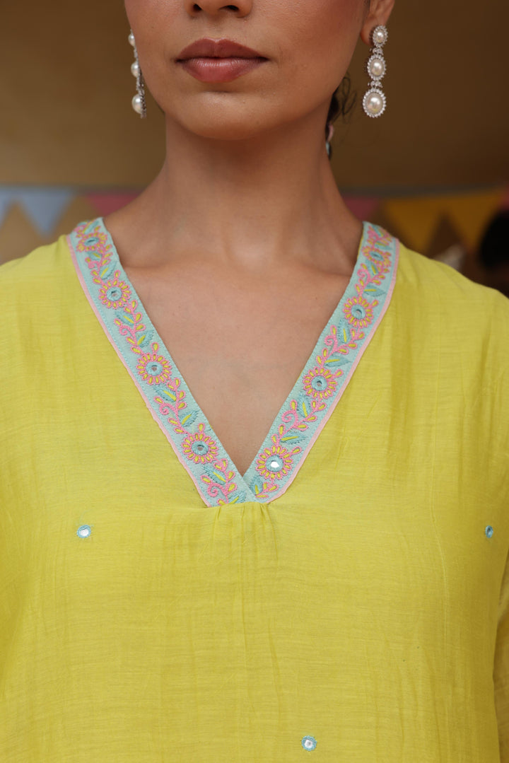 Cotton Candy Lime Green Chanderi Mulmul Short Kurta with Farshi Salwar set of 2