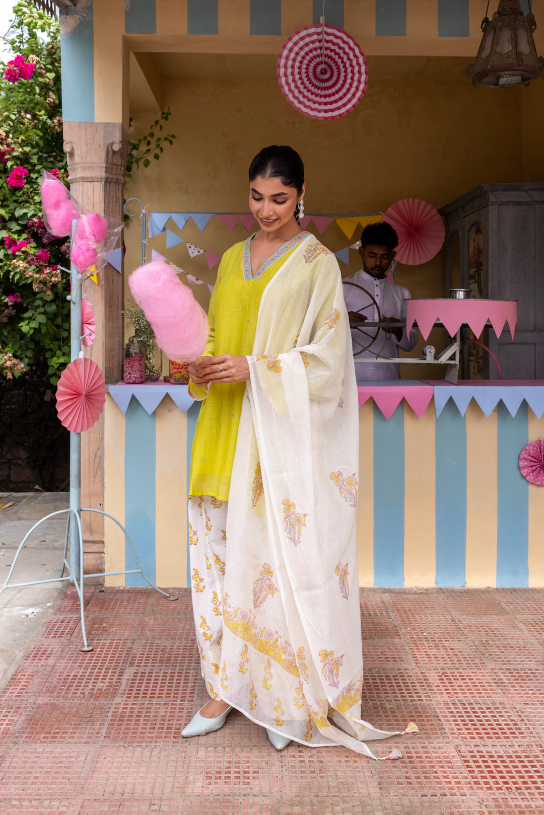 Cotton Candy Lime Green Chanderi Mulmul Short Kurta with Farshi Salwar set of 3