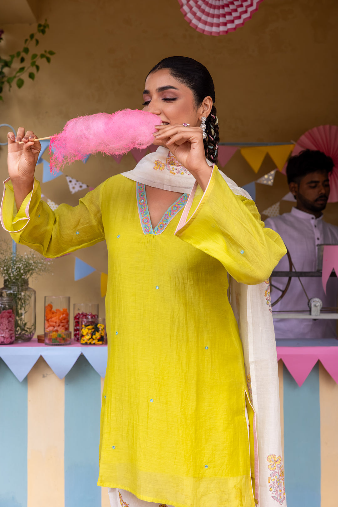 Cotton Candy Lime Green Chanderi Mulmul Short Kurta with Farshi Salwar set of 3