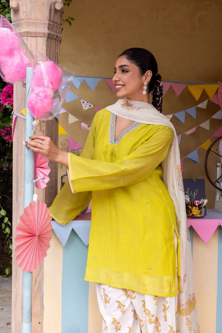 Cotton Candy Lime Green Chanderi Mulmul Short Kurta with Farshi Salwar set of 3