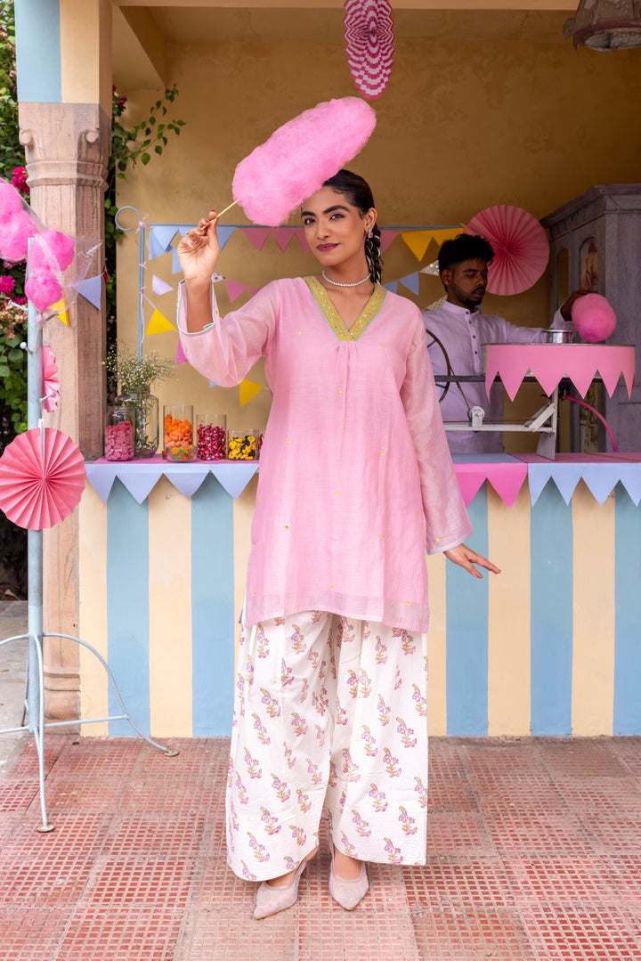 Cotton Candy Light Pink Chanderi Mulmul Short Kurta with Farshi Salwar set of 2