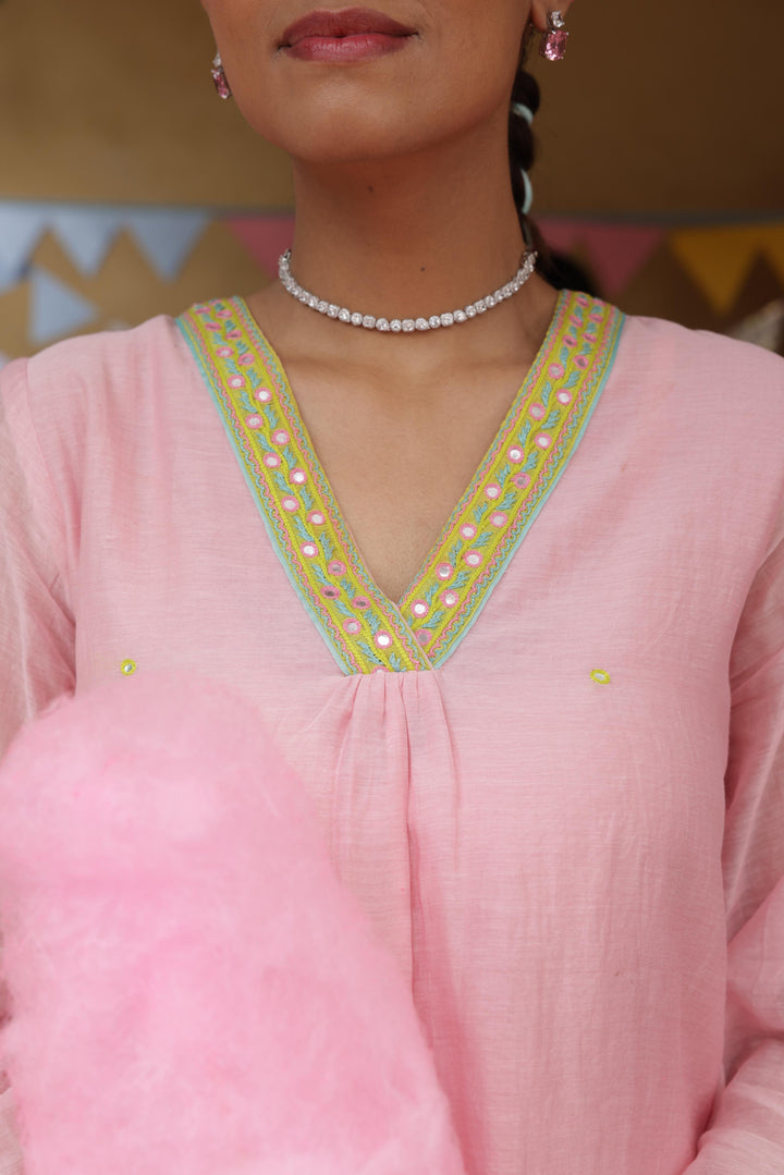 Cotton Candy Light Pink Chanderi Mulmul Short Kurta with Farshi Salwar set of 3