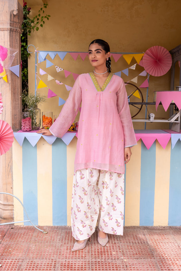 Cotton Candy Light Pink Chanderi Mulmul Short Kurta with Farshi Salwar set of 3