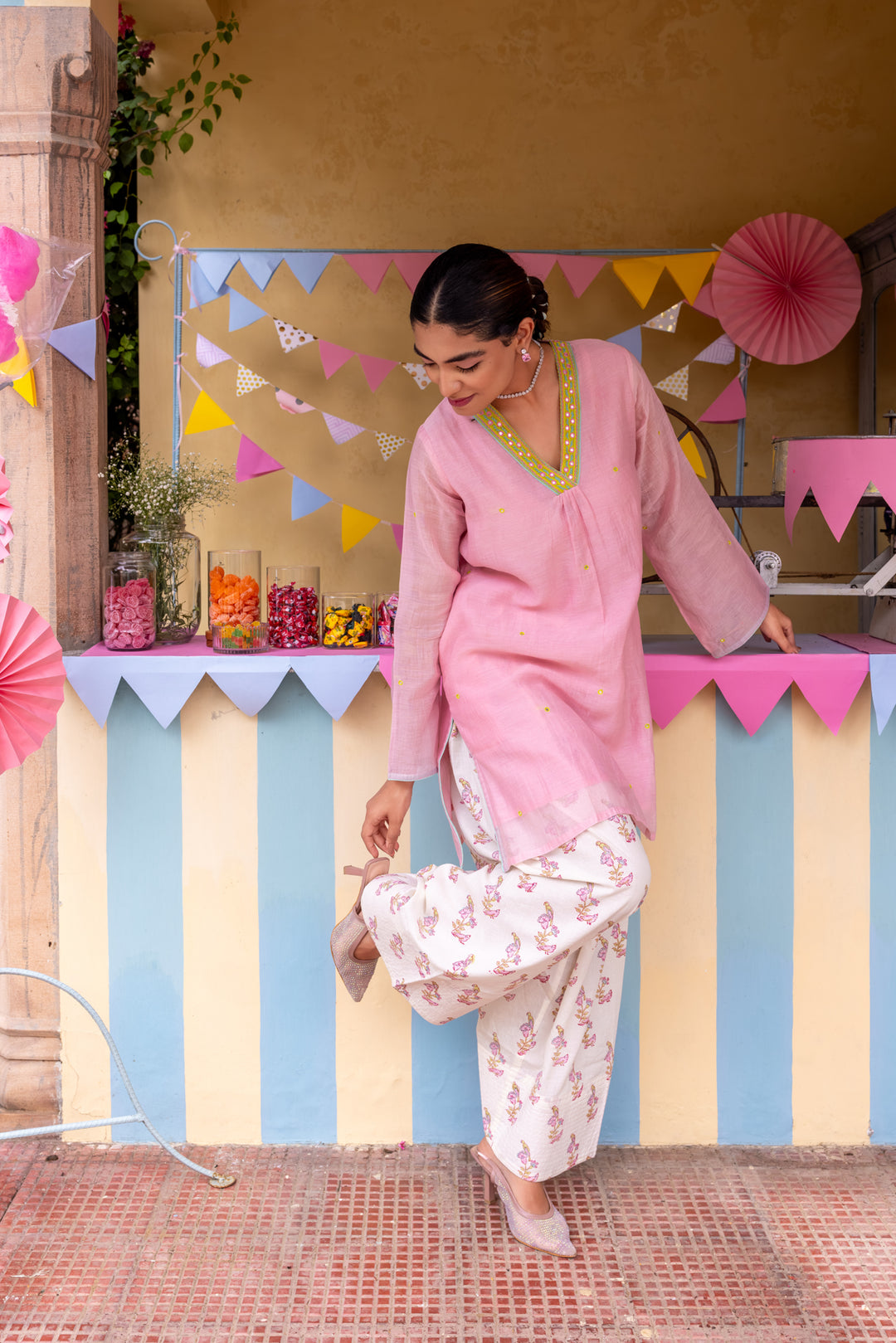 Cotton Candy Light Pink Chanderi Mulmul Short Kurta with Farshi Salwar set of 2