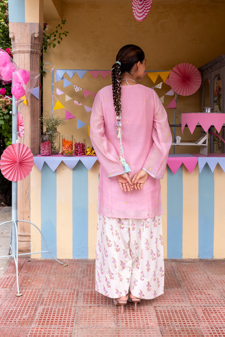 Cotton Candy Light Pink Chanderi Mulmul Short Kurta with Farshi Salwar set of 2