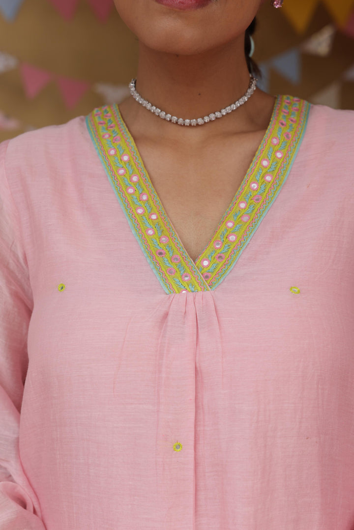 Cotton Candy Light Pink Chanderi Mulmul Short Kurta with Farshi Salwar set of 3