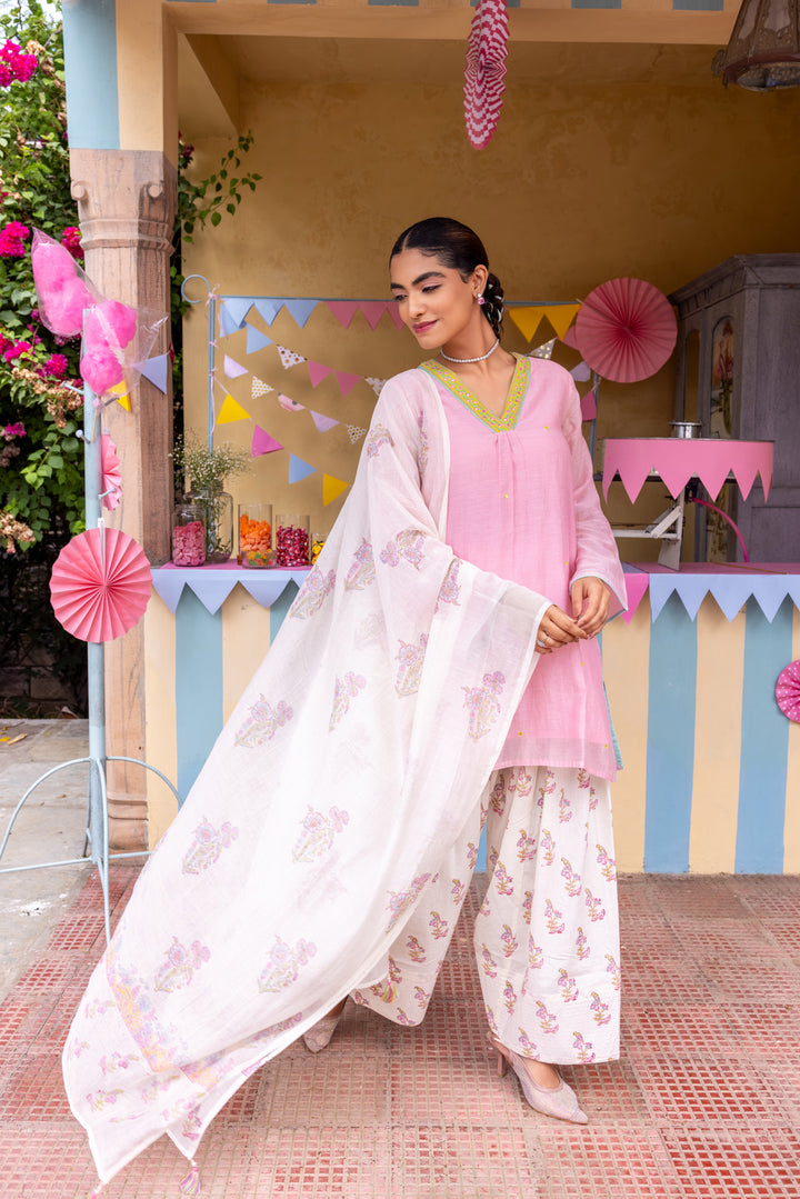 Cotton Candy Light Pink Chanderi Mulmul Short Kurta with Farshi Salwar set of 3