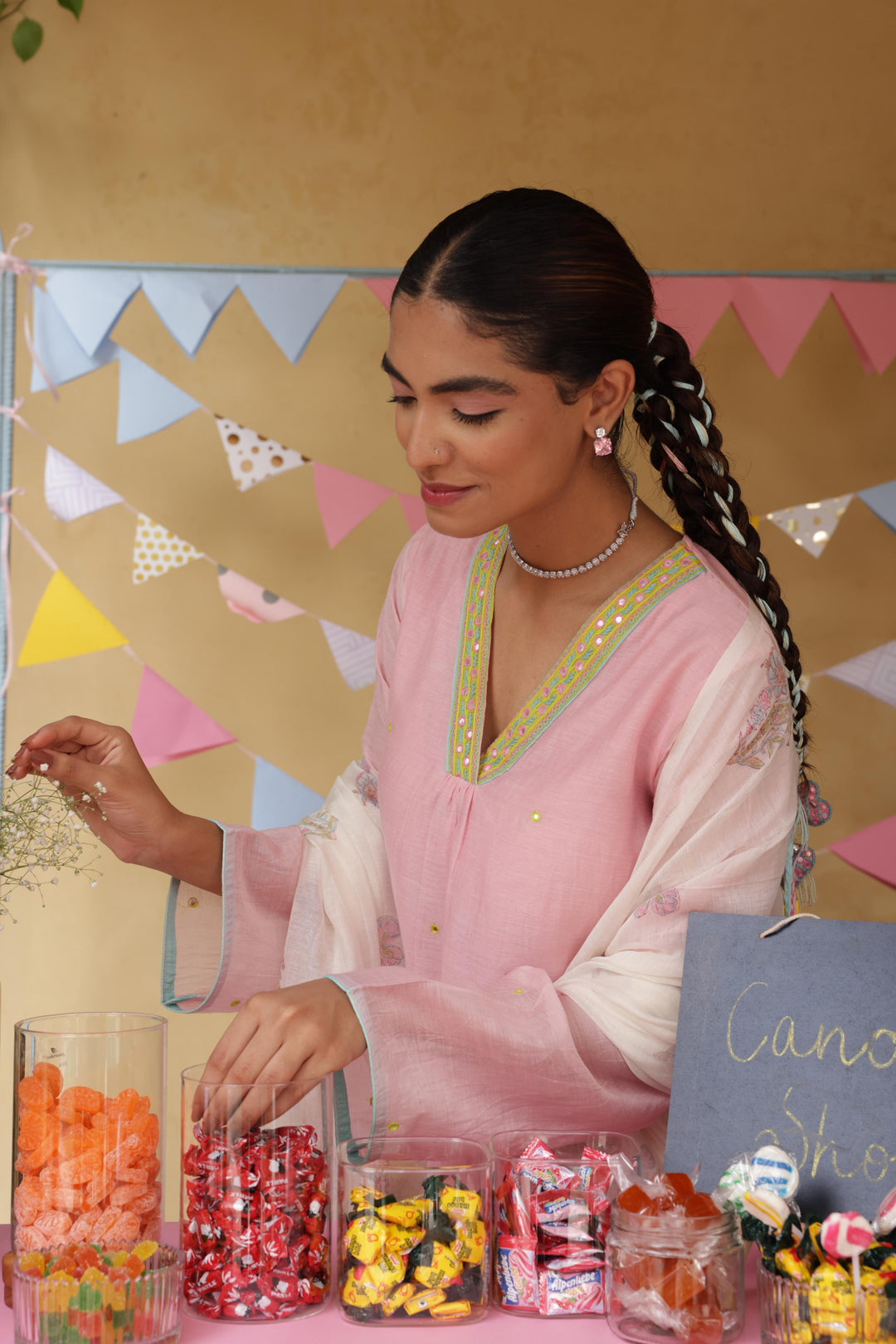 Cotton Candy Light Pink Chanderi Mulmul Short Kurta with Farshi Salwar set of 3