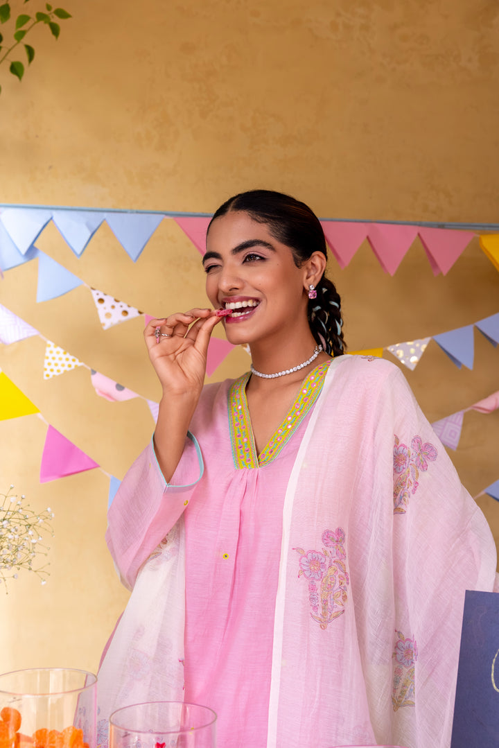 Cotton Candy Light Pink Chanderi Mulmul Short Kurta with Farshi Salwar set of 3