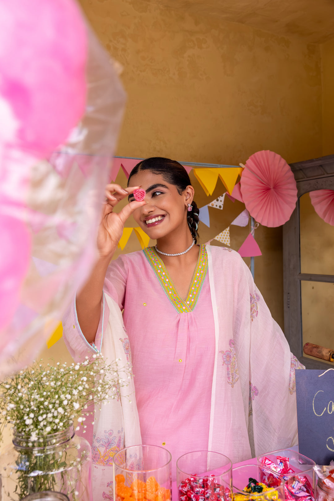 Cotton Candy Light Pink Chanderi Mulmul Short Kurta with Farshi Salwar set of 3
