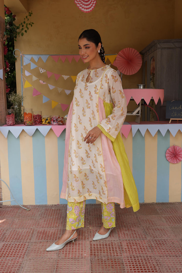 Cotton Candy White Green Chanderi Mulmul A-Line Kurta set of 2