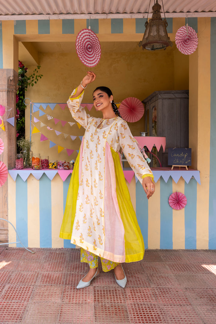 Cotton Candy White Green Chanderi Mulmul A-Line Kurta set of 2