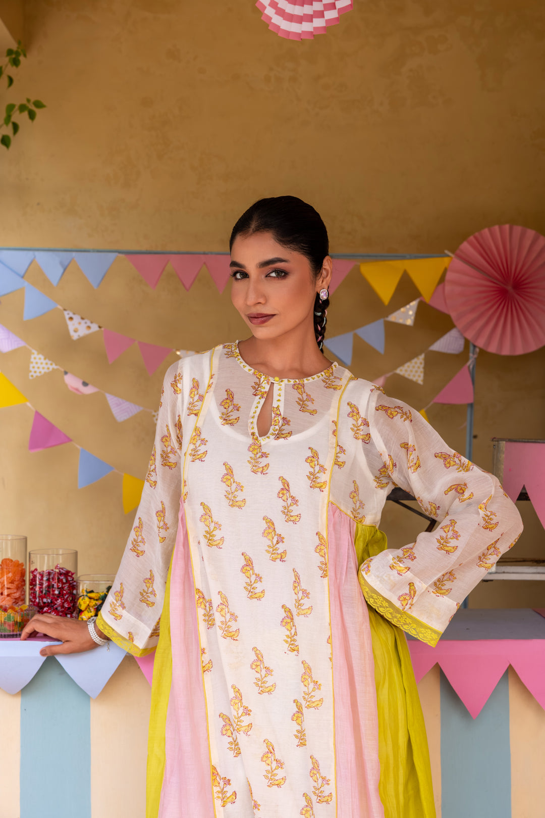 Cotton Candy White Green Chanderi Mulmul A-Line Kurta set of 2