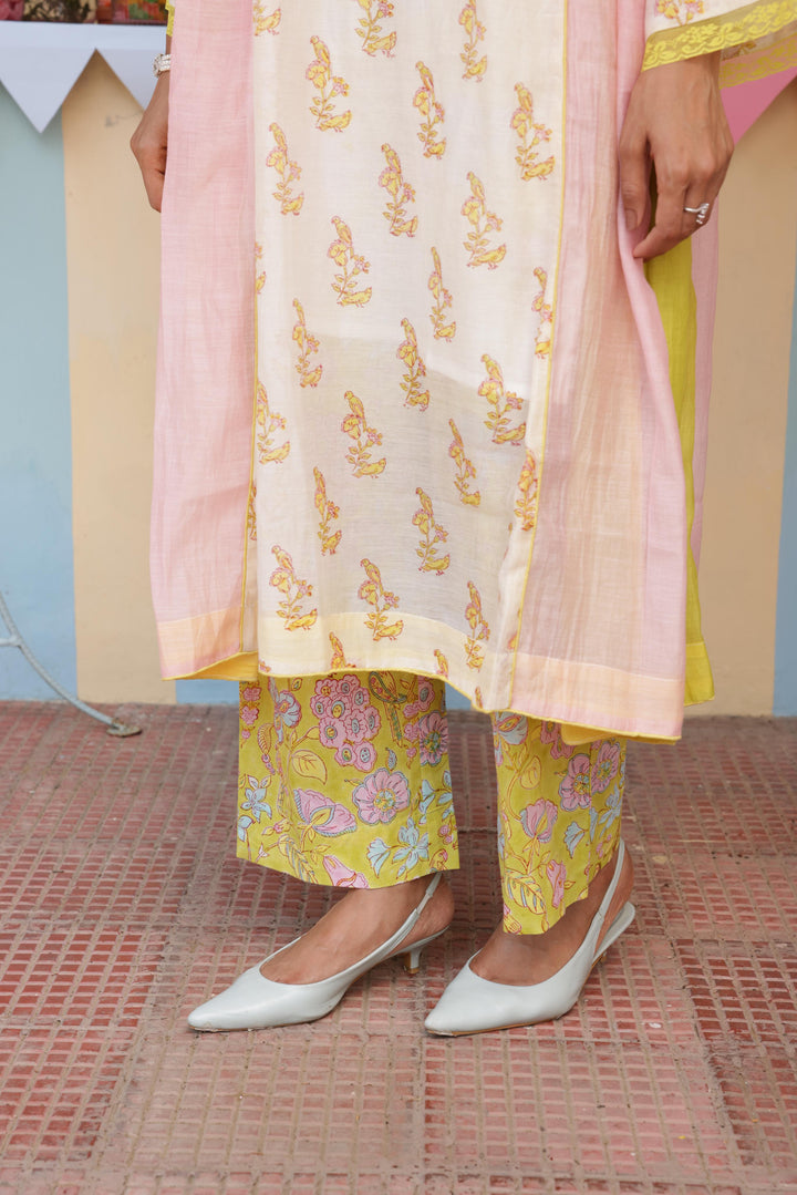Cotton Candy White Green Chanderi Mulmul A-Line Kurta set of 2
