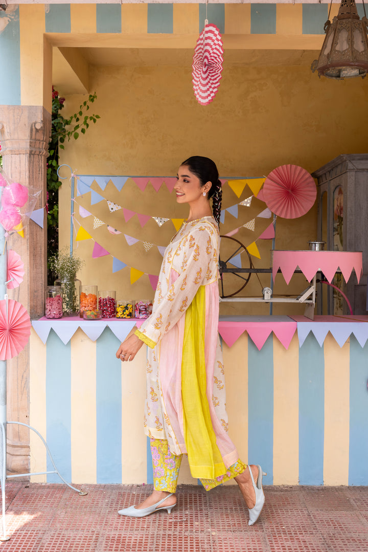 Cotton Candy White Green Chanderi Mulmul A-Line Kurta set of 2